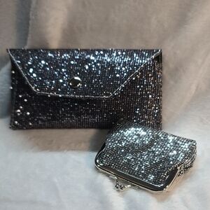 Elegant Dark Silver Sequin Eyeglass Case And Change Purse Set NWT BLINGY!